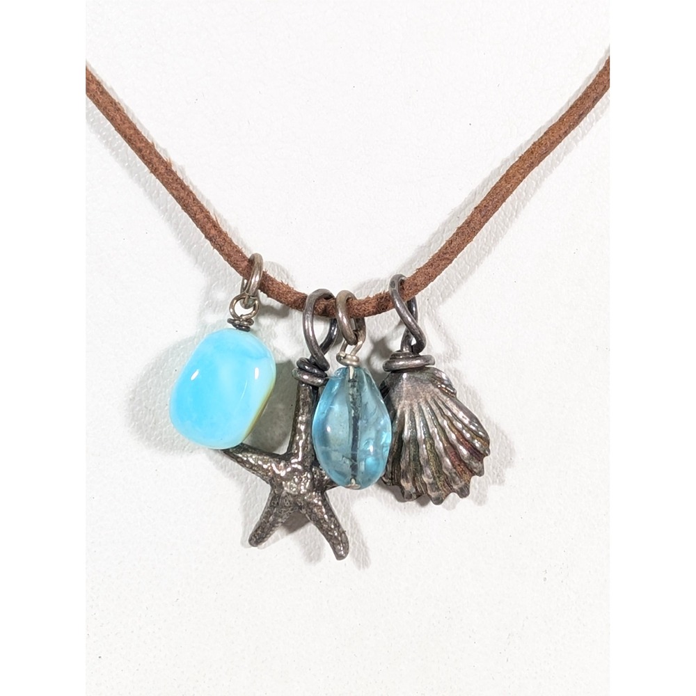 Brown Leather Cord Charm Necklace Starfish Shell Beads Sterling Clasp 16"